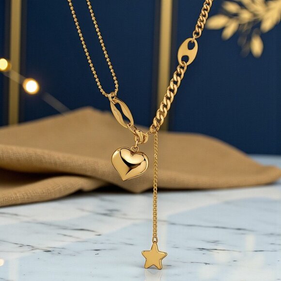 🆕18K Gold Plated Stainless Steel Heart Star Pendant Layered Dainty Necklace - Picture 1 of 11